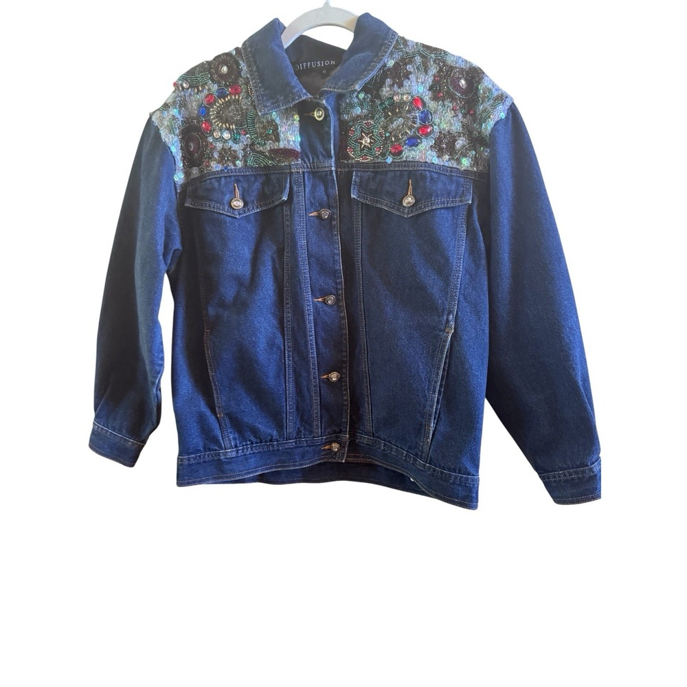 Vintage‎ 1990's I.B Diffusion Denim Trucker Woman's Jacket Sz 10 Heavily Sequins